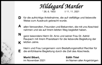 Traueranzeige von Hildegard Marder von Neustadt/ Scheinfeld/ Uffenheim