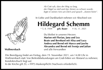 Traueranzeige von Hildegard Schemm von Neustadt/ Scheinfeld/ Uffenheim