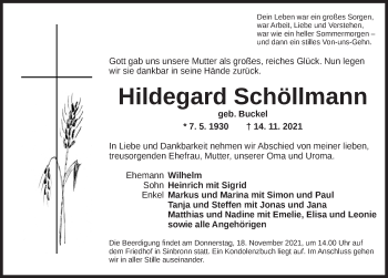 Traueranzeige von Hildegard Schöllmann von Dinkelsbühl/ Feuchtwangen