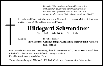 Traueranzeige von Hildegard Schwendner von Neustadt/ Scheinfeld/ Uffenheim