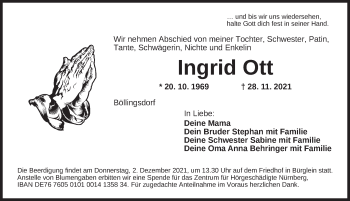 Traueranzeige von Ingrid Ott von Ansbach