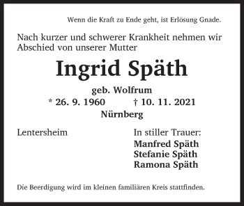 Traueranzeige von Ingrid Späth von Dinkelsbühl/ Feuchtwangen