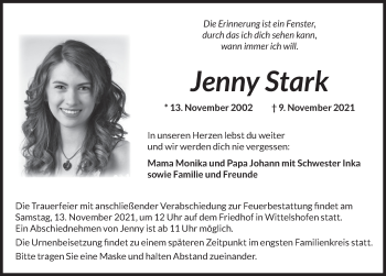 Traueranzeige von Jenny Stark von Dinkelsbühl/ Feuchtwangen