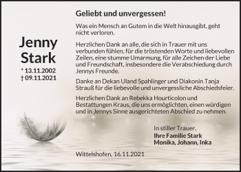 Traueranzeige von Jenny Stark von Dinkelsbühl/ Feuchtwangen