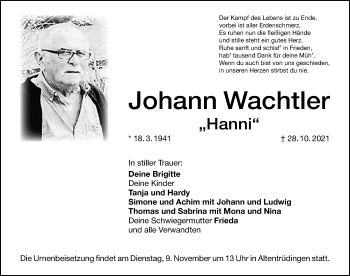 Traueranzeige von Johann Wachtler von Dinkelsbühl/ Feuchtwangen