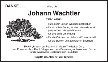 Traueranzeige von Johann Wachtler von Dinkelsbühl/ Feuchtwangen