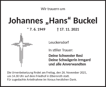 Traueranzeige von Johannes  Buckel von Ansbach