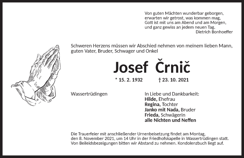  Traueranzeige für Josef Crnic vom 05.11.2021 aus Dinkelsbühl/ Feuchtwangen