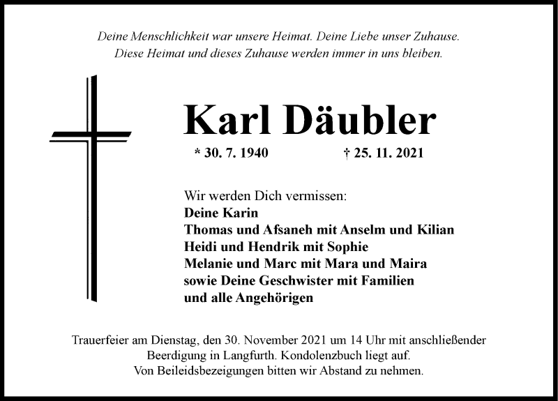  Traueranzeige für Karl Däubler vom 27.11.2021 aus Dinkelsbühl/ Feuchtwangen