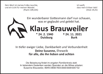 Traueranzeige von Klaus Brauweiler von Dinkelsbühl/ Feuchtwangen