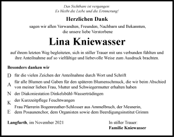 Traueranzeige von Lina Kniewasser von Dinkelsbühl/ Feuchtwangen