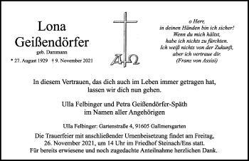 Traueranzeige von Lona Geißendörfer von Rothenburg