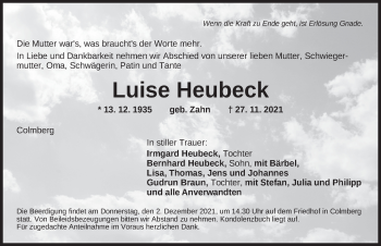 Traueranzeige von Luise Heubeck von Ansbach