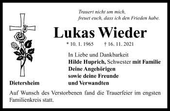 Traueranzeige von Lukas Wieder von Neustadt/ Scheinfeld/ Uffenheim