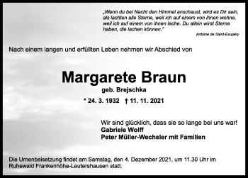 Traueranzeige von Margarete Braun von Ansbach