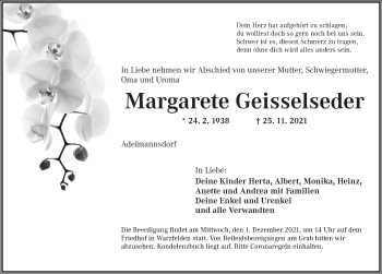 Traueranzeige von Margarete Geisselseder von Ansbach