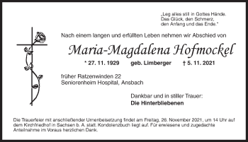 Traueranzeige von Maria-Magdalena Hofmockel von Ansbach