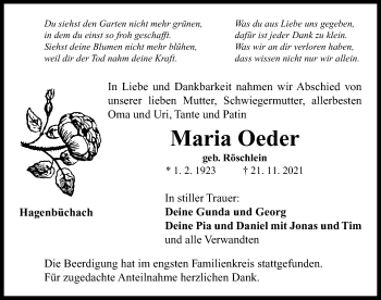 Traueranzeige von Maria Oeder von Neustadt/ Scheinfeld/ Uffenheim