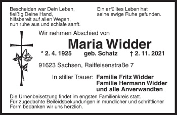 Traueranzeige von Maria Widder von Ansbach