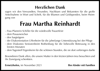 Traueranzeige von Martha Reinhardt von Neustadt/ Scheinfeld/ Uffenheim