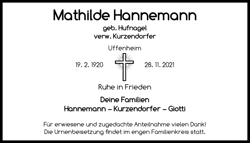  Traueranzeige für Mathilde Hannemann vom 30.11.2021 aus Neustadt/ Scheinfeld/ Uffenheim