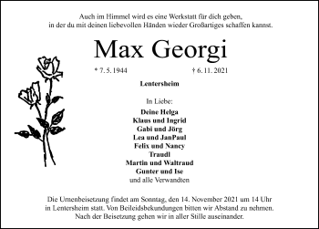 Traueranzeige von Max Georgi von Dinkelsbühl/ Feuchtwangen