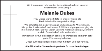 Traueranzeige von Melanie Dukes von Ansbach