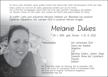 Traueranzeige von Melanie Dukes von Ansbach