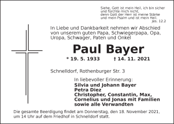 Traueranzeige von Paul Bayer von Dinkelsbühl/ Feuchtwangen