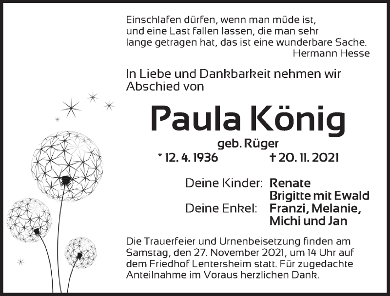  Traueranzeige für Paula König vom 25.11.2021 aus Dinkelsbühl/ Feuchtwangen