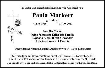 Traueranzeige von Paula Markert von Rothenburg