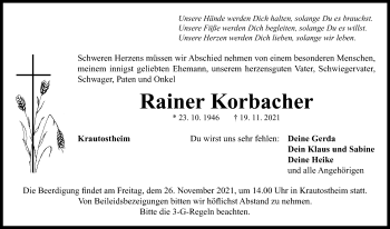 Traueranzeige von Rainer Korbacher von Neustadt/ Scheinfeld/ Uffenheim