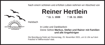 Traueranzeige von Reiner Hertlein von Dinkelsbühl/ Feuchtwangen