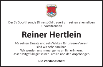 Traueranzeige von Reiner Hertlein von Dinkelsbühl/ Feuchtwangen