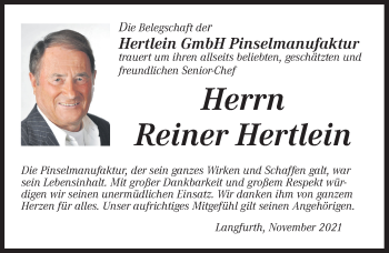 Traueranzeige von Reiner Hertlein von Dinkelsbühl/ Feuchtwangen