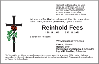 Traueranzeige von Reinhold Fees von Ansbach