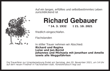 Traueranzeige von Richard Gebauer von Ansbach