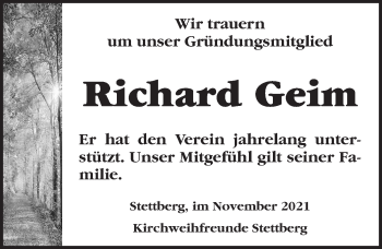 Traueranzeige von Richard Geim von Rothenburg