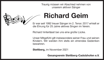 Traueranzeige von Richard Geim von Rothenburg