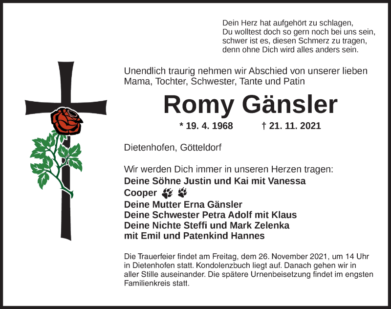  Traueranzeige für Romy Gänsler vom 24.11.2021 aus Ansbach