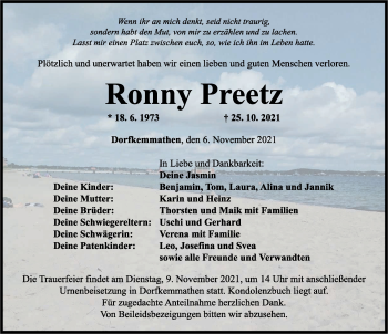 Traueranzeige von Ronny Preetz von Dinkelsbühl/ Feuchtwangen