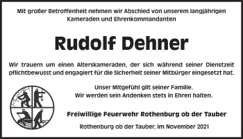 Traueranzeige von Rudolf Dehner von Rothenburg