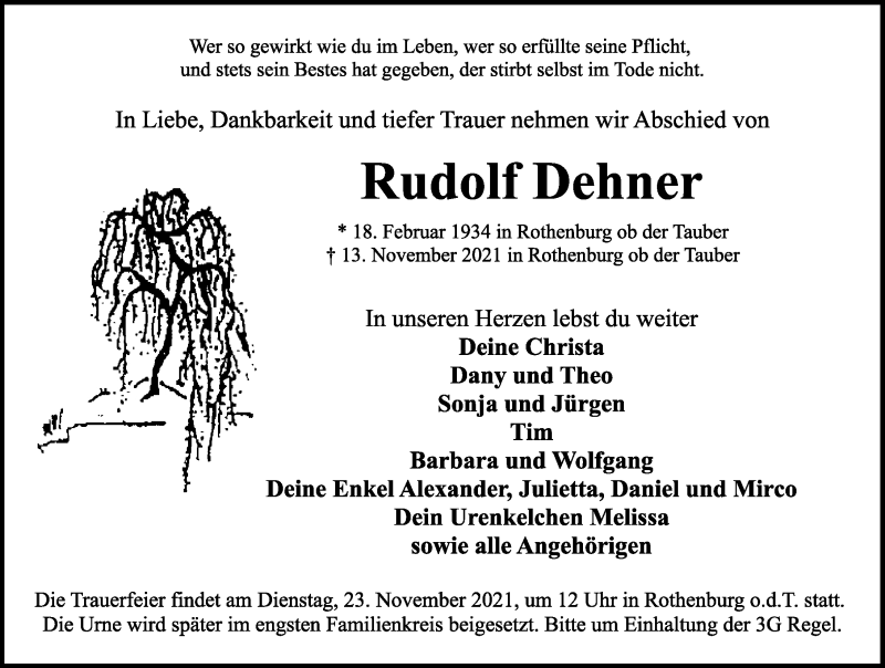  Traueranzeige für Rudolf Dehner vom 18.11.2021 aus Rothenburg