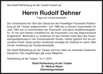 Traueranzeige von Rudolf Dehner von Rothenburg