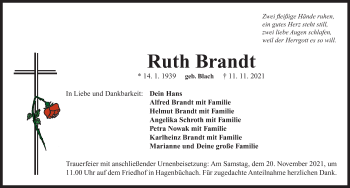 Traueranzeige von Ruth Brandt von Neustadt/ Scheinfeld/ Uffenheim