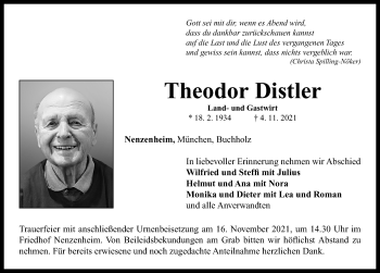 Traueranzeige von Theodor Distler von Neustadt/ Scheinfeld/ Uffenheim