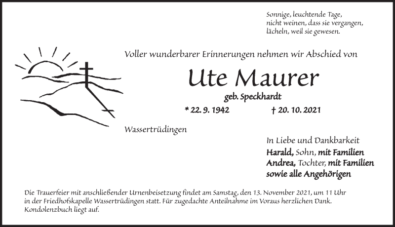  Traueranzeige für Ute Maurer vom 11.11.2021 aus Dinkelsbühl/ Feuchtwangen
