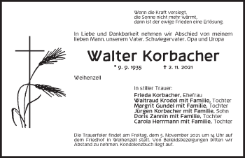 Traueranzeige von Walter Korbacher von Ansbach