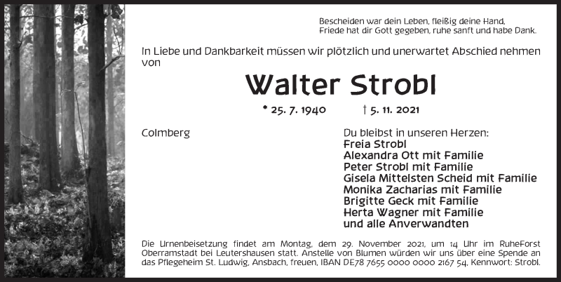  Traueranzeige für Walter Strobl vom 25.11.2021 aus Ansbach