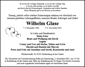 Traueranzeige von Wilhelm Glase von Rothenburg